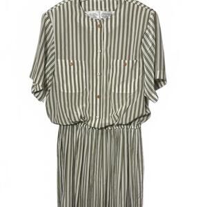 2/$30 Liz Roberts VTG Dress Long Women's 16 Green White Striped Pockets Cottage